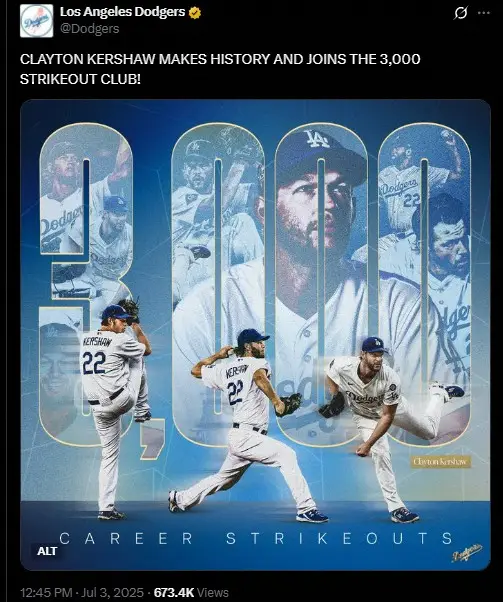 3000奪三振カーショー 妊娠中の夫人を「次戦まで行かせるわけにはい