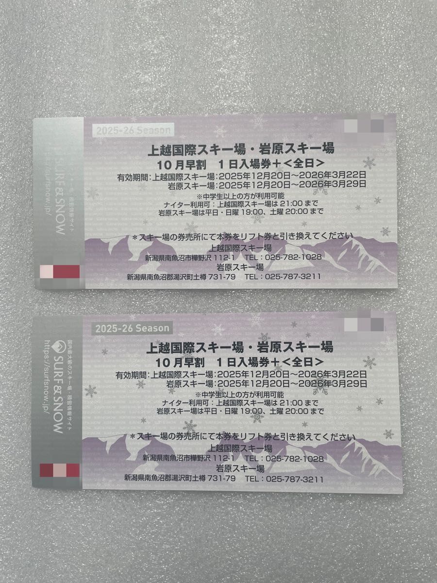 上越国際スキー場・岩原スキー場 1日入場券 2025-26シーズン 2枚