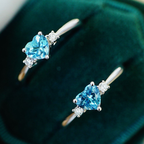 ハート」K18 天然アクアマリン 天然ダイヤモンド リング 和名藍玉 水