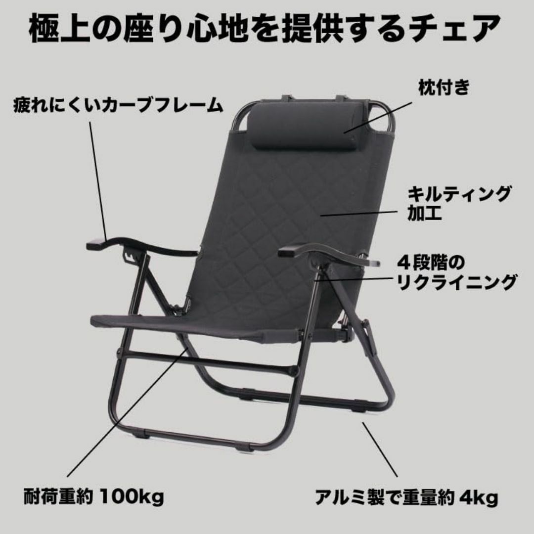 色: ブラック(2脚セット)】RcrCamp リクライニングローチェア 2脚セ