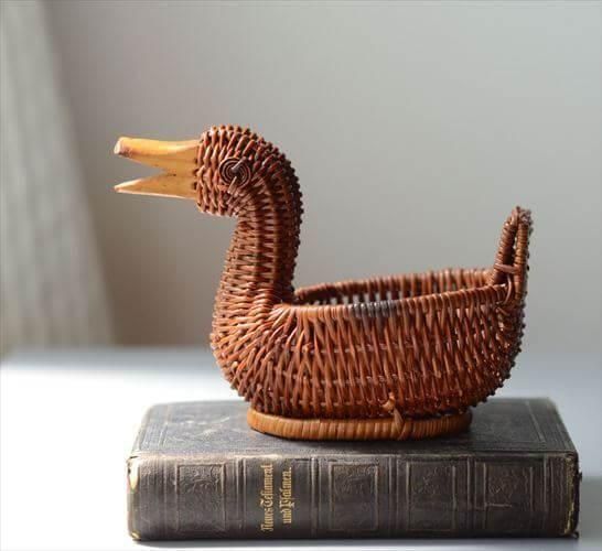 フランスヴィンテージ 籐あみアヒルバスケット小物入れ